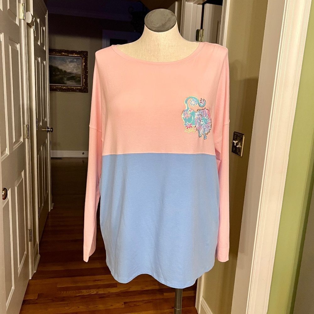 NWT Lilly Pulitzer Finn Top T-Shirt Tee Pink Tropics Tint in Pink & Blue Size XL